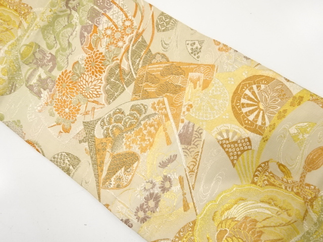 JAPANESE KIMONO / ANTIQUE MARU OBI / WOVEN CRANE & FLOWER WITH FAN